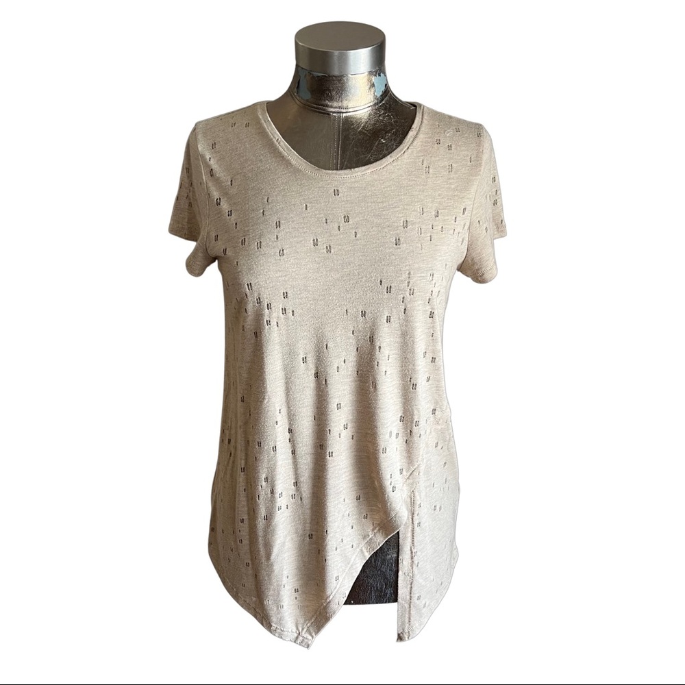 Divided by H&M Distressed Asymmetrical Short Sleeve Tan Shirt